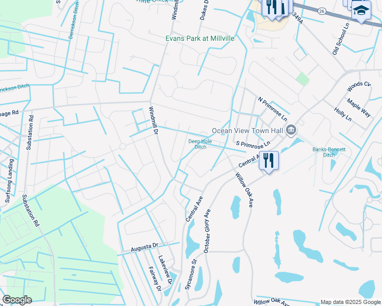 map of restaurants, bars, coffee shops, grocery stores, and more near 10 Wedgefield Boulevard in Ocean View