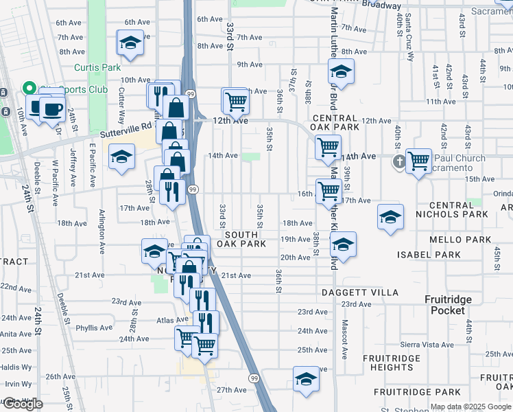 map of restaurants, bars, coffee shops, grocery stores, and more near 4217 34th Street in Sacramento