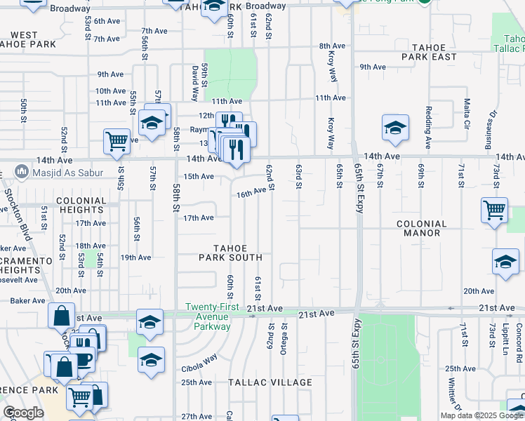 map of restaurants, bars, coffee shops, grocery stores, and more near 4228 61st Street in Sacramento