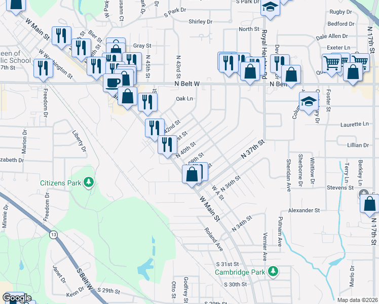map of restaurants, bars, coffee shops, grocery stores, and more near 10 North 40th Street in Belleville