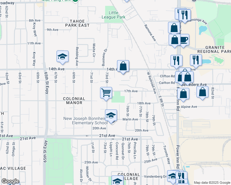 map of restaurants, bars, coffee shops, grocery stores, and more near 7400 17th Avenue in Sacramento