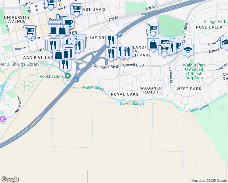 map of restaurants, bars, coffee shops, grocery stores, and more near 1666 Da Vinci Court in Davis
