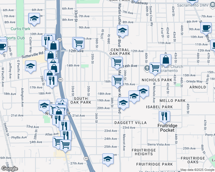 map of restaurants, bars, coffee shops, grocery stores, and more near 3725 17th Avenue in Sacramento