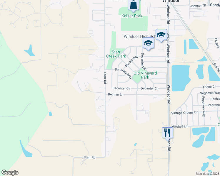 map of restaurants, bars, coffee shops, grocery stores, and more near 8524 Starr Road in Windsor