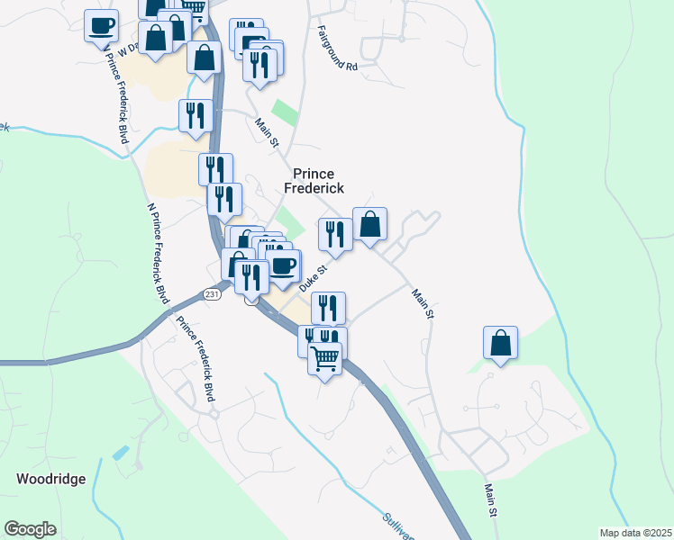 map of restaurants, bars, coffee shops, grocery stores, and more near in Prince Frederick