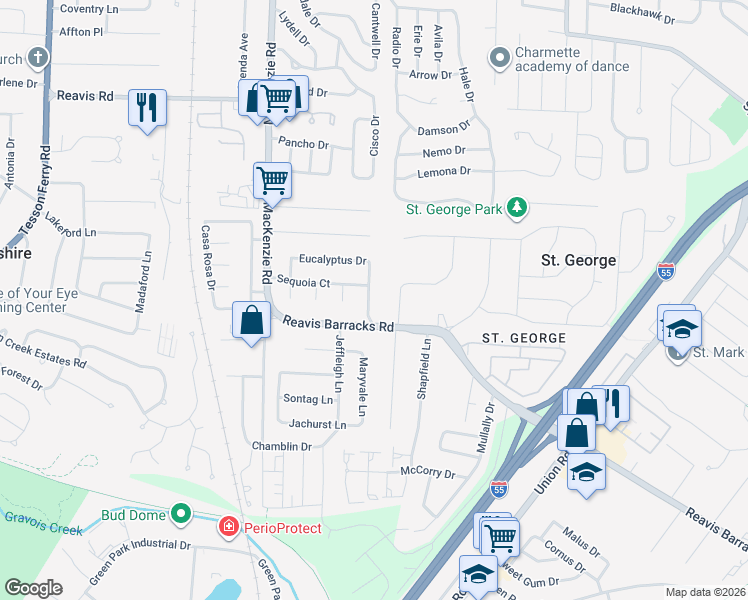 map of restaurants, bars, coffee shops, grocery stores, and more near 9401 Reavis Barracks Road in St. Louis