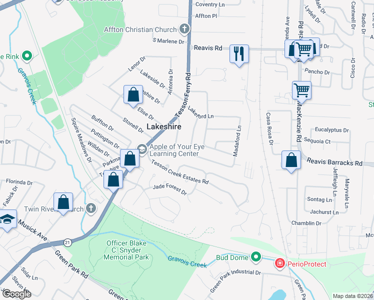 map of restaurants, bars, coffee shops, grocery stores, and more near 9872 Lindhall Lane in Affton