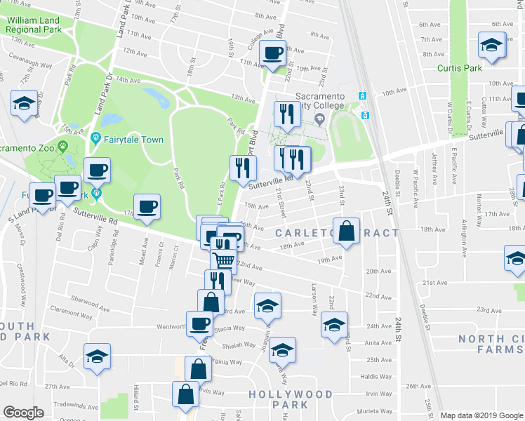 map of restaurants, bars, coffee shops, grocery stores, and more near 2061 16th Avenue in Sacramento