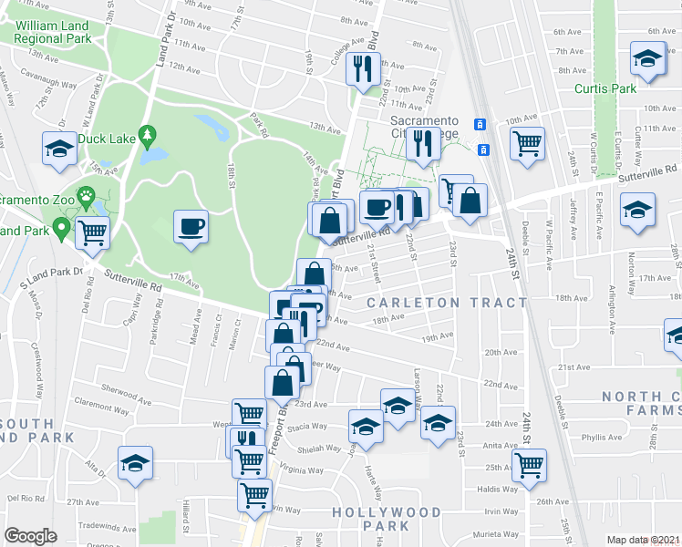 map of restaurants, bars, coffee shops, grocery stores, and more near 2027 16th Avenue in Sacramento