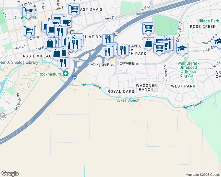 map of restaurants, bars, coffee shops, grocery stores, and more near 1666 Da Vinci Court in Davis
