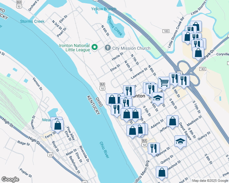 map of restaurants, bars, coffee shops, grocery stores, and more near 101-109 Center Street in Ironton