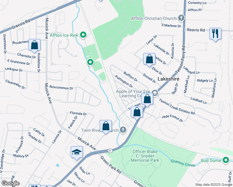 map of restaurants, bars, coffee shops, grocery stores, and more near 10064 Squire Meadows Drive in St. Louis