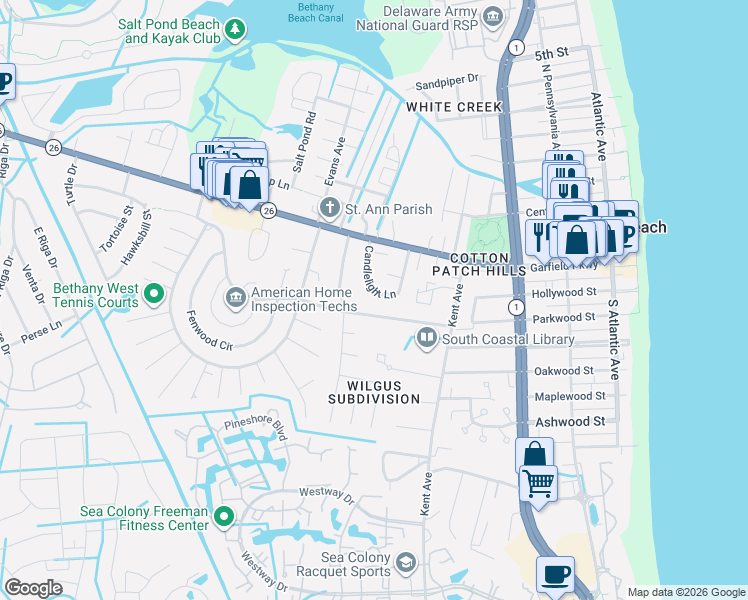 map of restaurants, bars, coffee shops, grocery stores, and more near 502 Collins Street in Bethany Beach