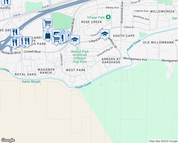 map of restaurants, bars, coffee shops, grocery stores, and more near 2543 Regatta Court in Davis