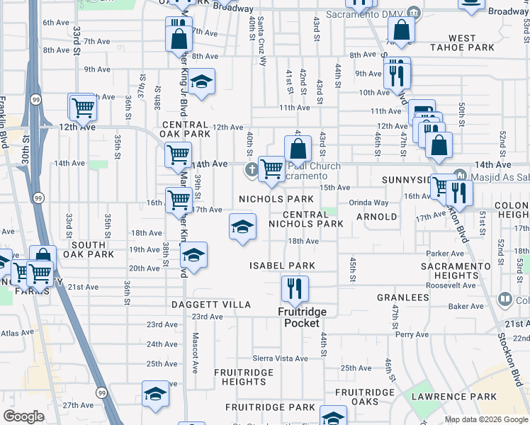 map of restaurants, bars, coffee shops, grocery stores, and more near 4224 West Nichols Avenue in Sacramento