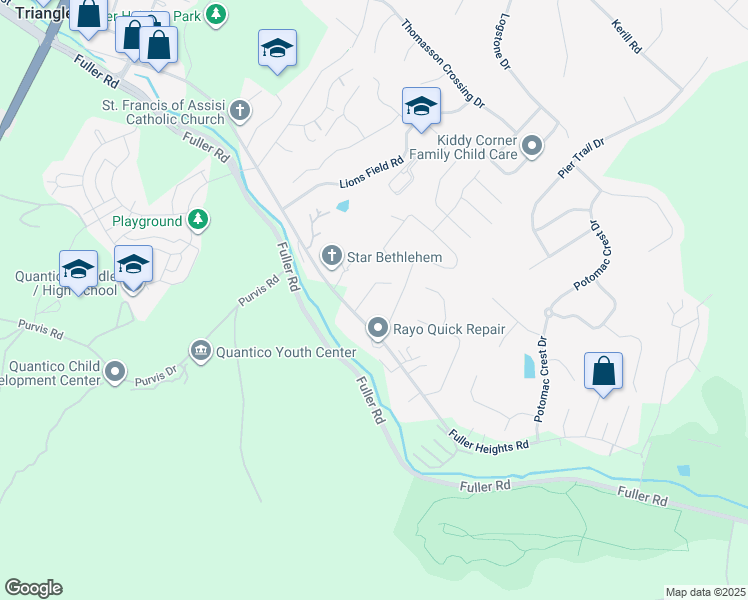 map of restaurants, bars, coffee shops, grocery stores, and more near 19115 Perry Street in Triangle