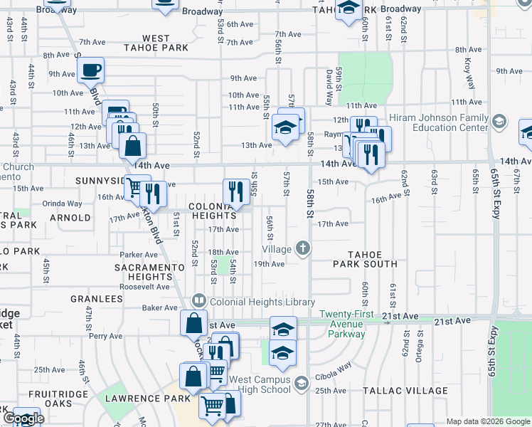 map of restaurants, bars, coffee shops, grocery stores, and more near 4116 56th Street in Sacramento