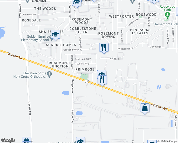 map of restaurants, bars, coffee shops, grocery stores, and more near 9142 Rose Parade Way in Sacramento