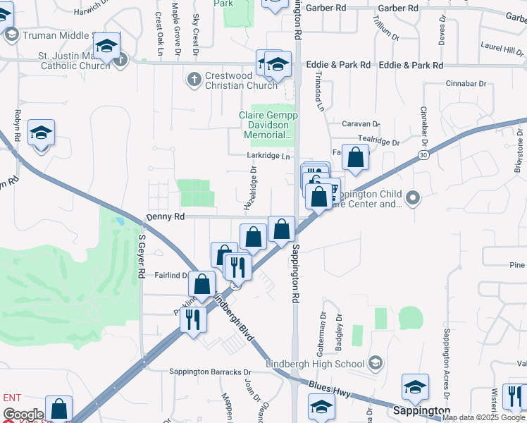 map of restaurants, bars, coffee shops, grocery stores, and more near 11643 Denny Road in St. Louis
