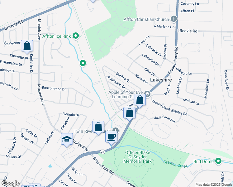 map of restaurants, bars, coffee shops, grocery stores, and more near 10050 Willdan Drive in St. Louis