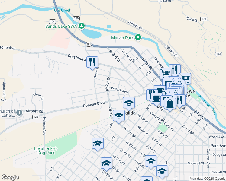 map of restaurants, bars, coffee shops, grocery stores, and more near 210 Poncha Boulevard in Salida