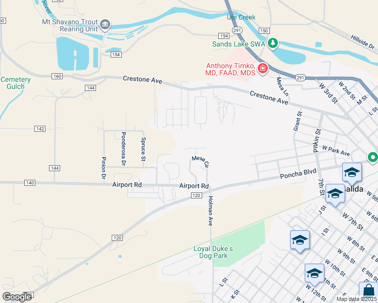 map of restaurants, bars, coffee shops, grocery stores, and more near 142 Mesa Circle in Salida
