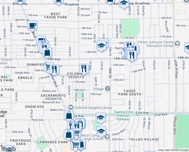 map of restaurants, bars, coffee shops, grocery stores, and more near 4116 56th Street in Sacramento