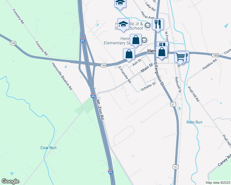 map of restaurants, bars, coffee shops, grocery stores, and more near 307 Officers Lane in Henryville