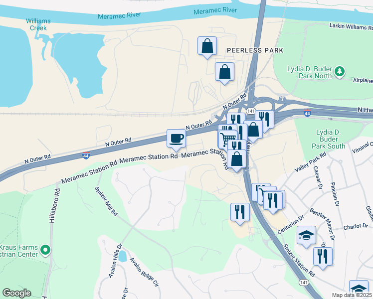 map of restaurants, bars, coffee shops, grocery stores, and more near 104 Meramec Oak Ridge in Fenton
