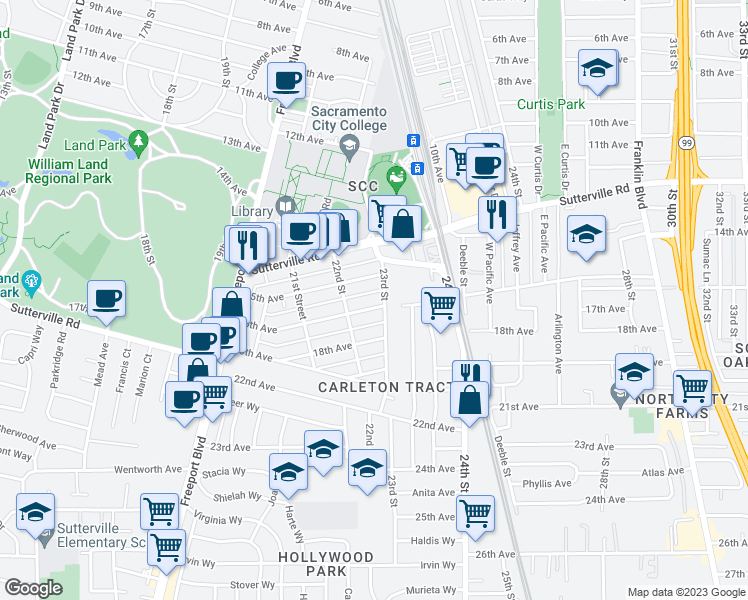 map of restaurants, bars, coffee shops, grocery stores, and more near 2229 16th Avenue in Sacramento