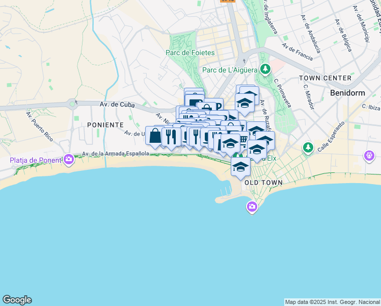 map of restaurants, bars, coffee shops, grocery stores, and more near 30 Carrer de Sant Pere in Benidorm