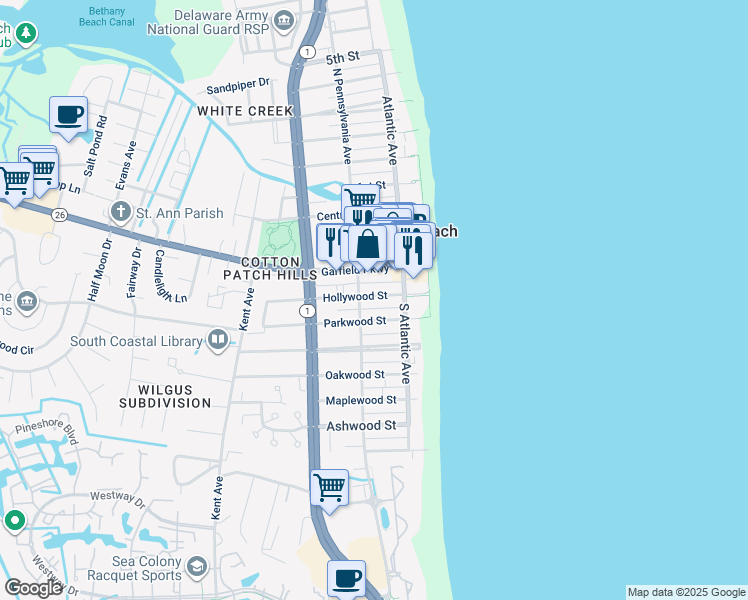 map of restaurants, bars, coffee shops, grocery stores, and more near 116 Hollywood Street in Bethany Beach