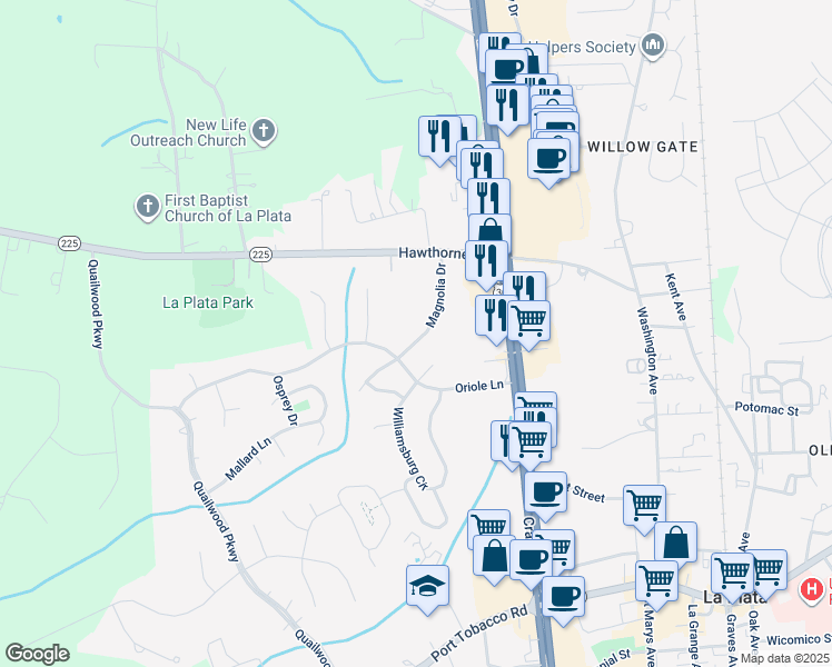 map of restaurants, bars, coffee shops, grocery stores, and more near 1009 Magnolia Drive in La Plata