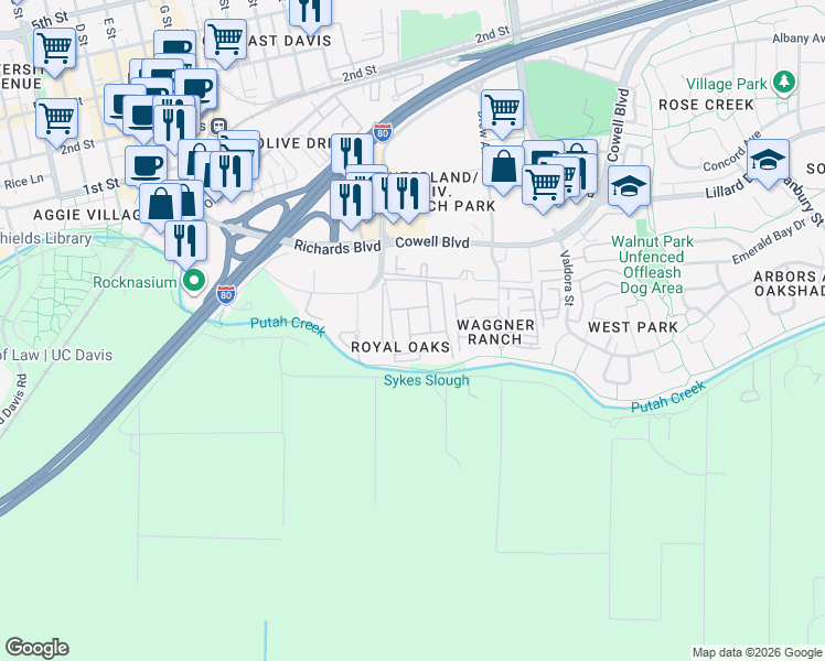 map of restaurants, bars, coffee shops, grocery stores, and more near 140 Louise Lane in Davis