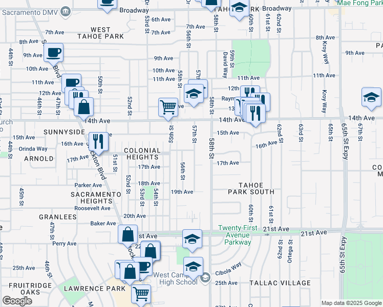 map of restaurants, bars, coffee shops, grocery stores, and more near 4015 57th Street in Sacramento