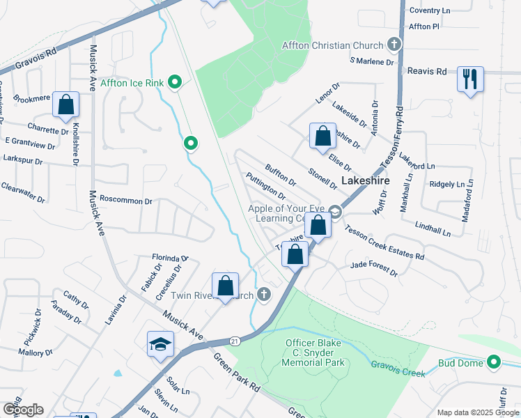 map of restaurants, bars, coffee shops, grocery stores, and more near 10153 Squire Meadows Drive in St. Louis