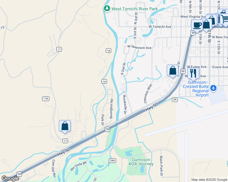 map of restaurants, bars, coffee shops, grocery stores, and more near 332 County Road in Gunnison
