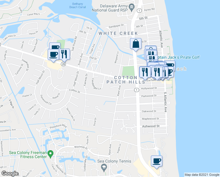 map of restaurants, bars, coffee shops, grocery stores, and more near 424 Garfield Parkway in Bethany Beach