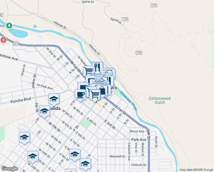 map of restaurants, bars, coffee shops, grocery stores, and more near 220 West Sackett Avenue in Salida