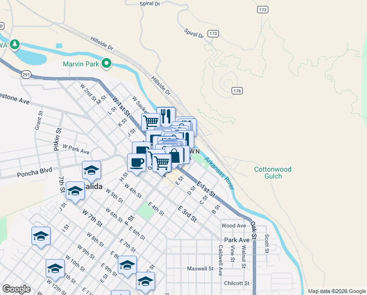 map of restaurants, bars, coffee shops, grocery stores, and more near 220 West Sackett Avenue in Salida