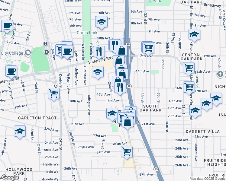 map of restaurants, bars, coffee shops, grocery stores, and more near 4103 28th Street in Sacramento