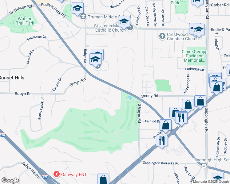 map of restaurants, bars, coffee shops, grocery stores, and more near 4169 South Lindbergh Boulevard in St. Louis