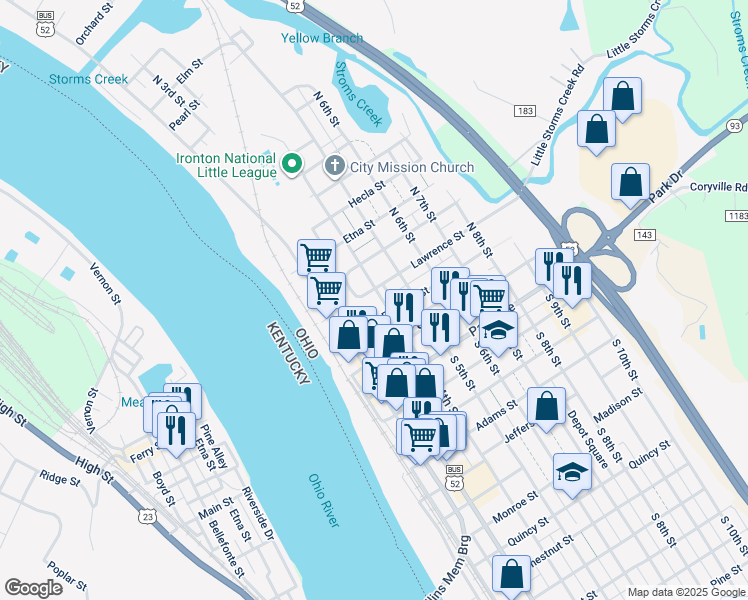 map of restaurants, bars, coffee shops, grocery stores, and more near 405 Lawrence Street in Ironton