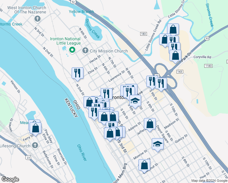 map of restaurants, bars, coffee shops, grocery stores, and more near 603 Railroad Street in Ironton