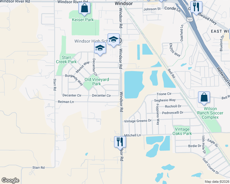 map of restaurants, bars, coffee shops, grocery stores, and more near 728 Decanter Circle in Windsor