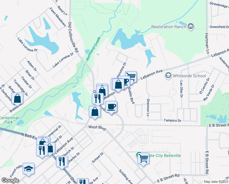 map of restaurants, bars, coffee shops, grocery stores, and more near 1837 Lebanon Avenue in Belleville