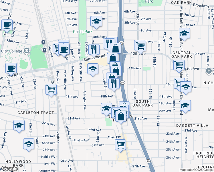 map of restaurants, bars, coffee shops, grocery stores, and more near 2900 16th Avenue in Sacramento