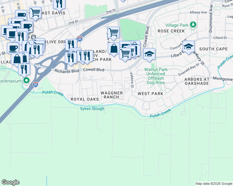map of restaurants, bars, coffee shops, grocery stores, and more near 1660 Drew Circle in Davis