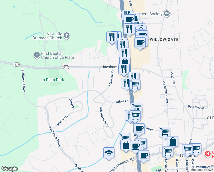 map of restaurants, bars, coffee shops, grocery stores, and more near 1009 Magnolia Drive in La Plata
