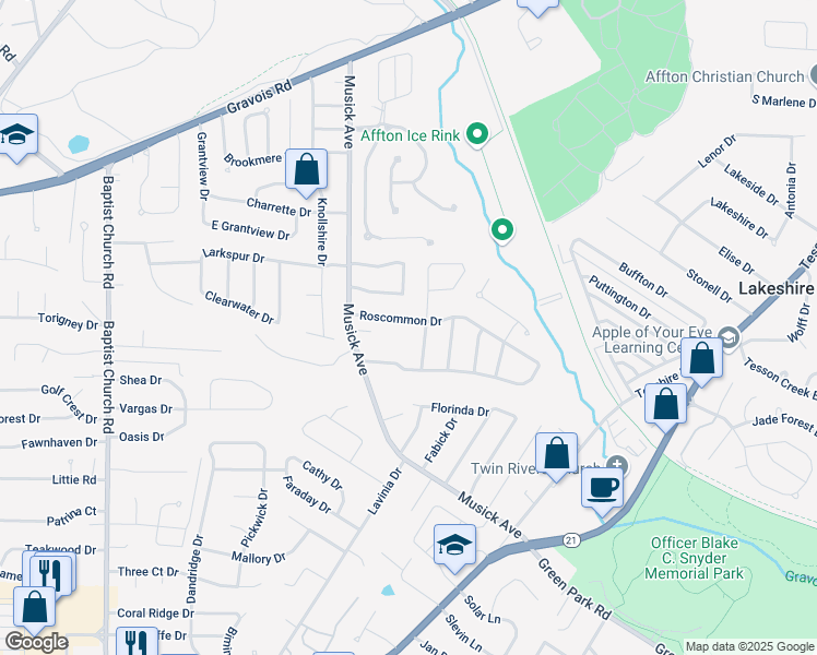 map of restaurants, bars, coffee shops, grocery stores, and more near 10511 Roscommon Drive in St. Louis